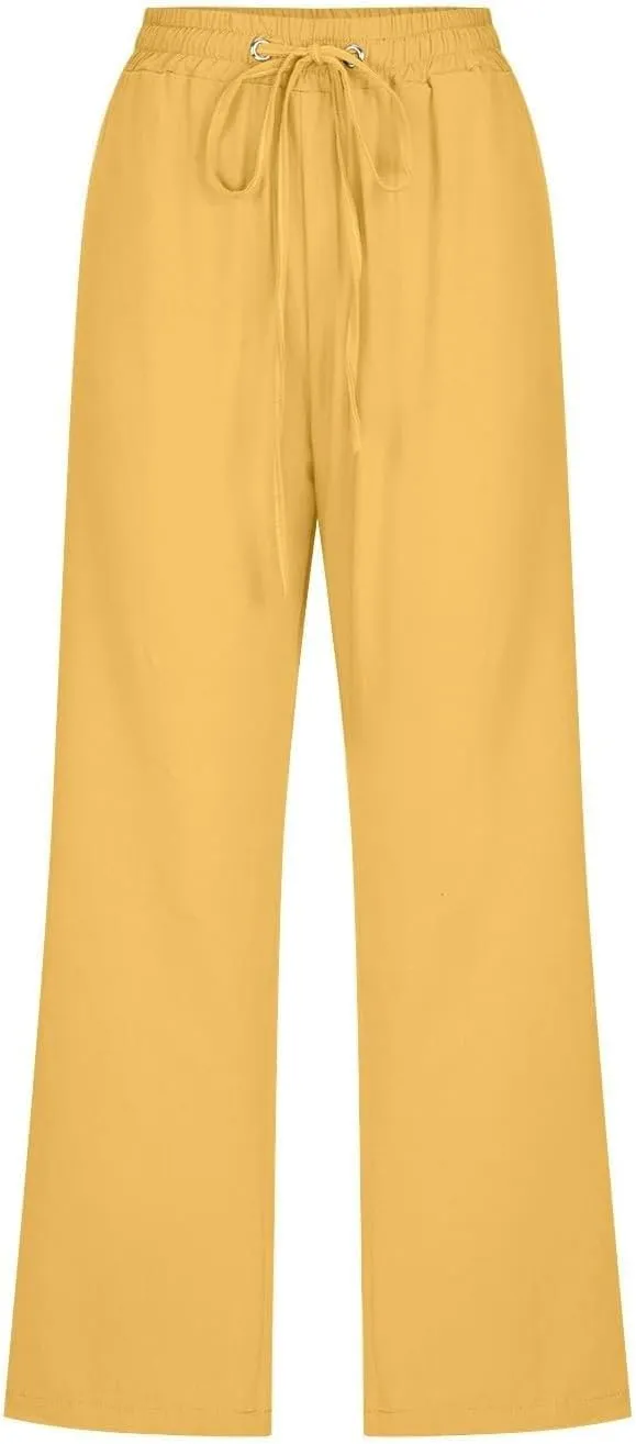 Womens Casual Cotton Linen Capri Pants Drawstring Elastic Waist Wide Leg Trousers Beach Vacation Outfits