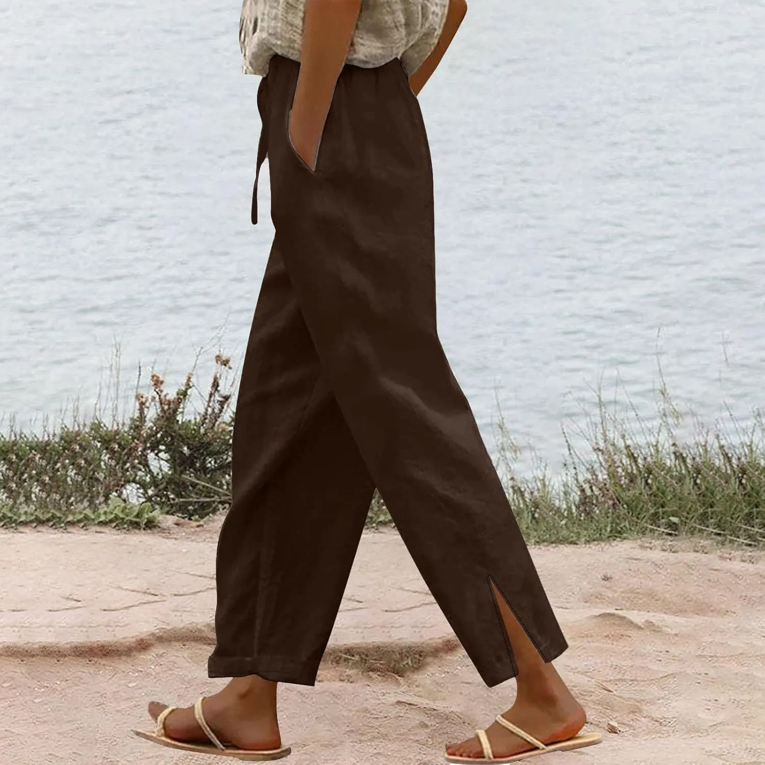 Womens Casual Cotton Linen Pants Lightweight Summer Relax Fit Plus Size Solid Lounge Long Trousers 2025