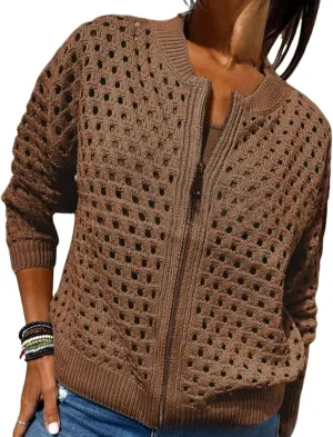 Women's Casual Hollow Knitwear Zipper Jacket, Crochet Fishnet Knit Shawl Sweater Jacket Lightweight Cardigan Sweater