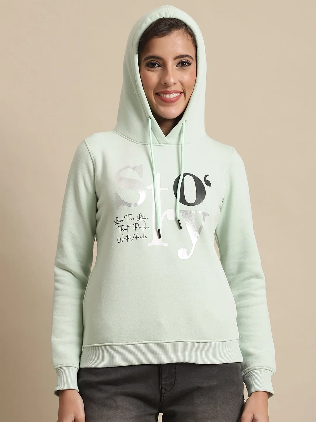 Women's Casual  Light Green Regular Full Sleeve Pullover Hoodie Sweatshirt