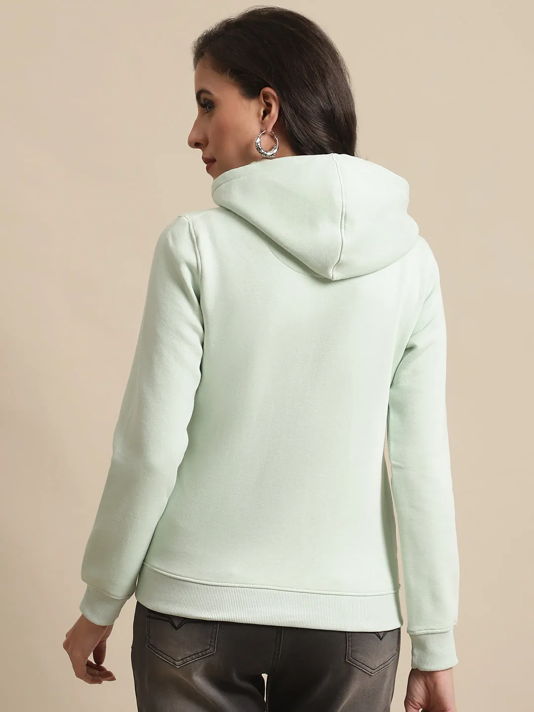 Women's Casual  Light Green Regular Full Sleeve Pullover Hoodie Sweatshirt