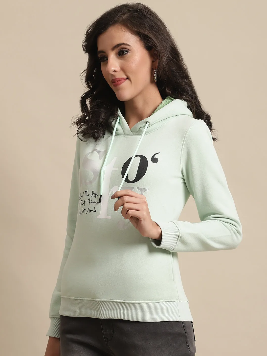 Women's Casual  Light Green Regular Full Sleeve Pullover Hoodie Sweatshirt