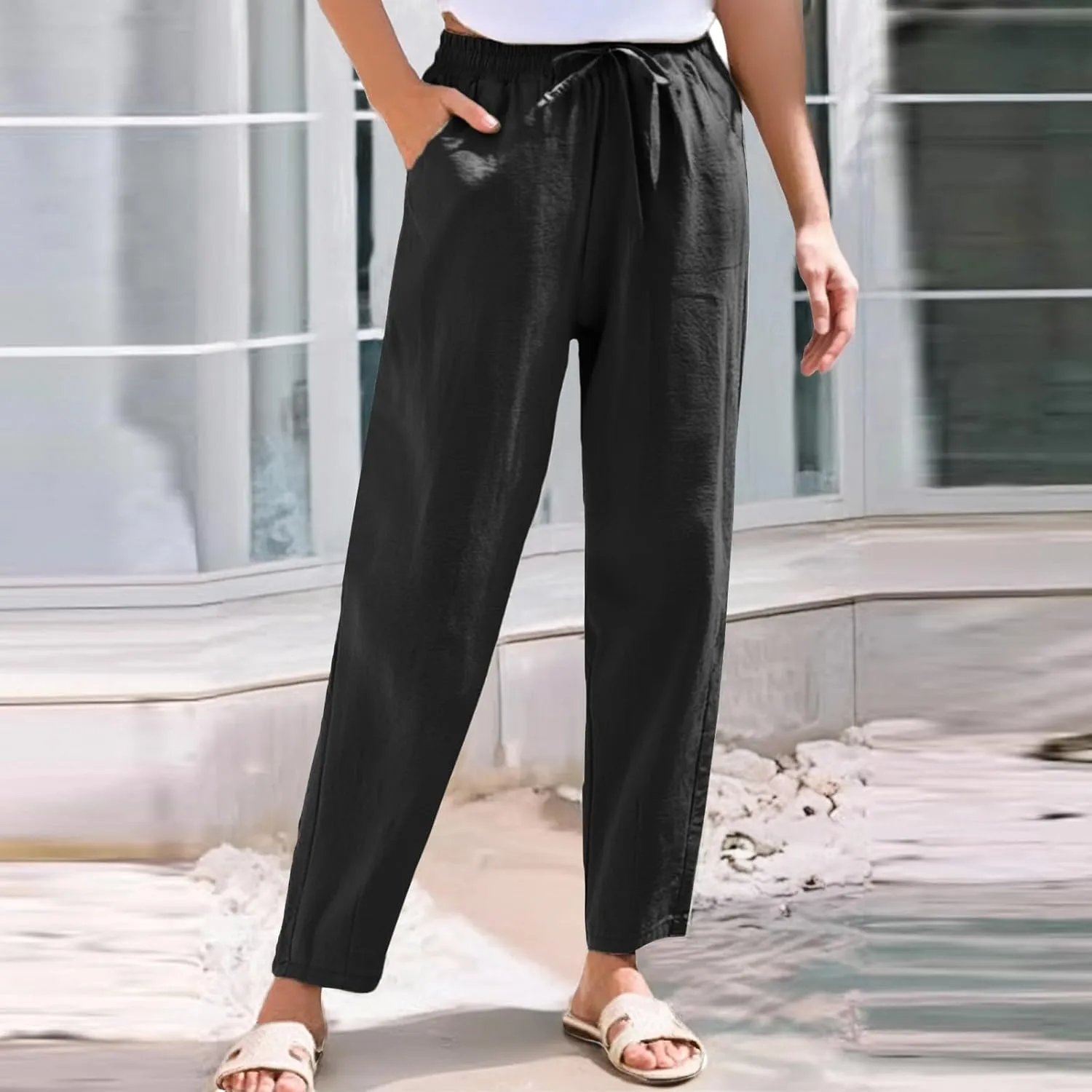 Womens Casual Linen Pants Drawstring Loose Fit Summer Pants Trousers with Side Pockets Summer Beach Lounge Pants