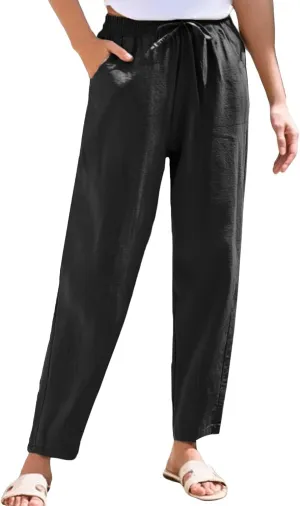 Womens Casual Linen Pants Drawstring Loose Fit Summer Pants Trousers with Side Pockets Summer Beach Lounge Pants