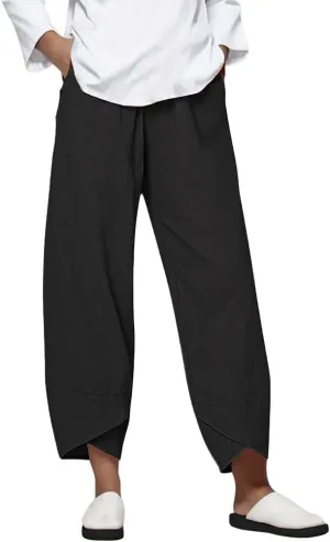 Womens Casual Linen Pants Loose Fit Summer Cotton Pocket Cropped Pants High Waisted Smocked Lounge Trousers Palazzo