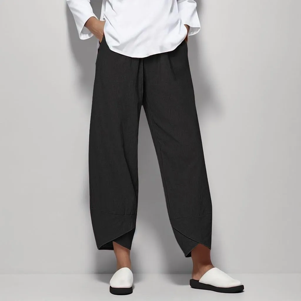 Womens Casual Linen Pants Loose Fit Summer Cotton Pocket Cropped Pants High Waisted Smocked Lounge Trousers Palazzo