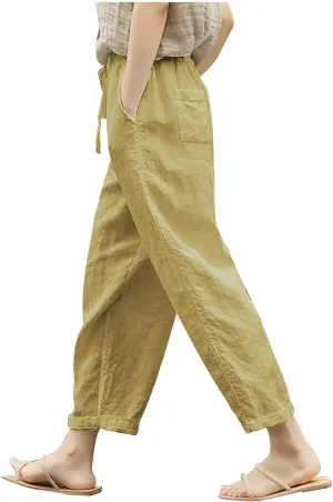 Womens Casual Linen Pants Summer Drawstring Solid Color High Waisted Pants Loose Beach Trousers with Pockets 2025