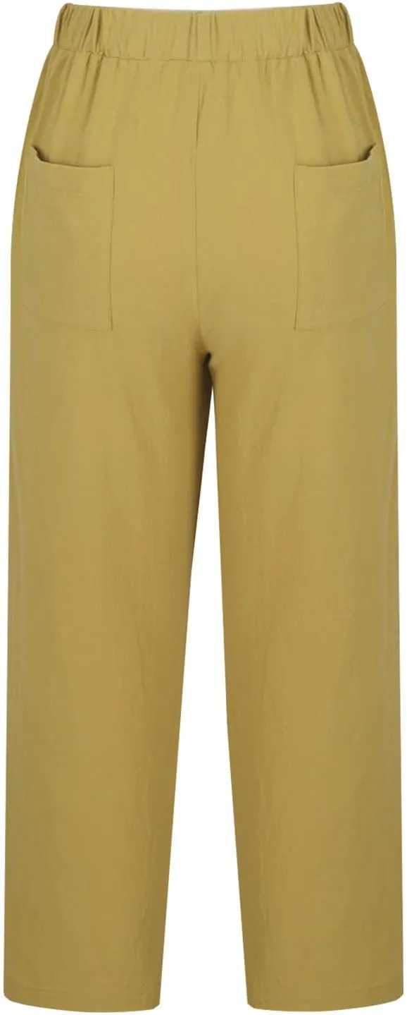 Womens Casual Linen Pants Summer Drawstring Solid Color High Waisted Pants Loose Beach Trousers with Pockets 2025