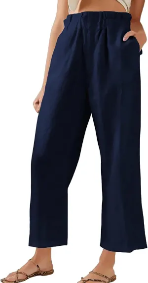 Womens Casual Straight Leg Pants Wide Leg Cotton Linen Elastic Smocked Waist Pants Summer Beach Solid Color Lounge Trousers