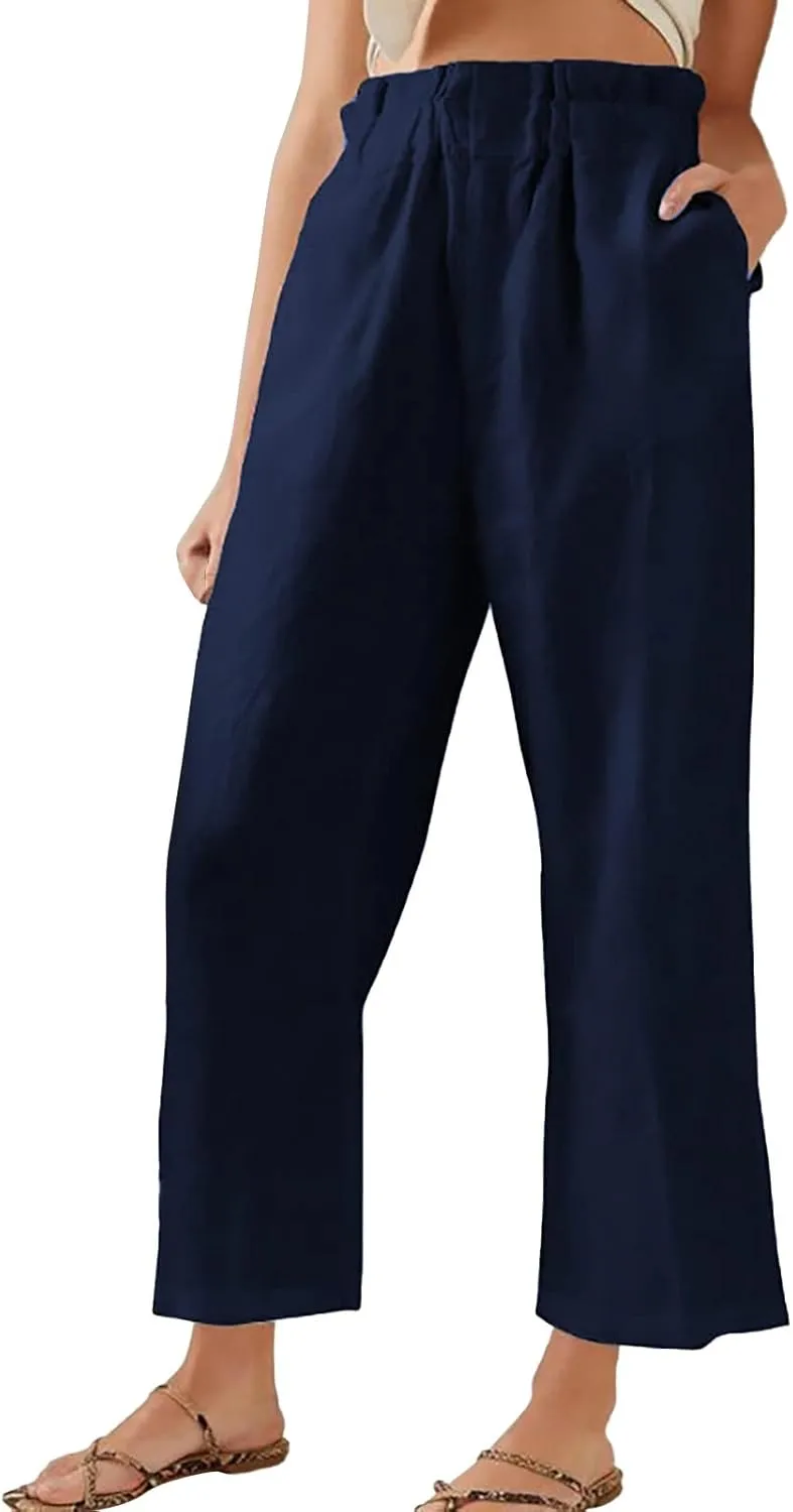 Womens Casual Straight Leg Pants Wide Leg Cotton Linen Elastic Smocked Waist Pants Summer Beach Solid Color Lounge Trousers