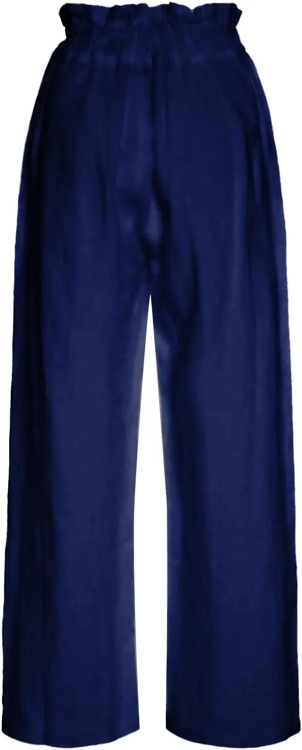 Womens Casual Straight Leg Pants Wide Leg Cotton Linen Elastic Smocked Waist Pants Summer Beach Solid Color Lounge Trousers