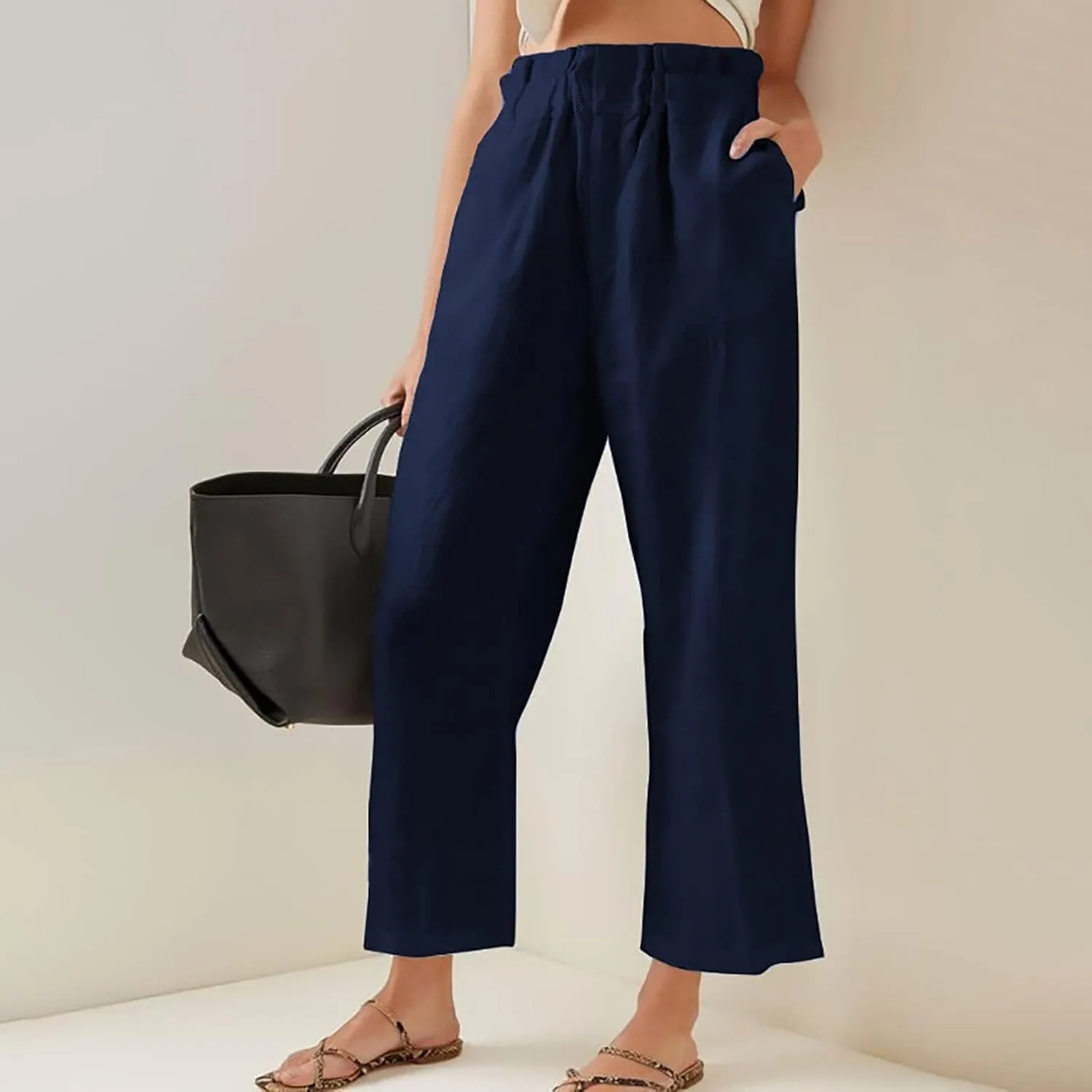 Womens Casual Straight Leg Pants Wide Leg Cotton Linen Elastic Smocked Waist Pants Summer Beach Solid Color Lounge Trousers