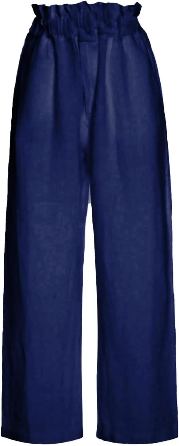 Womens Casual Straight Leg Pants Wide Leg Cotton Linen Elastic Smocked Waist Pants Summer Beach Solid Color Lounge Trousers