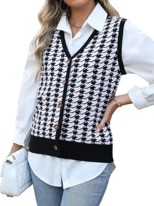 Women's Casual V Neck Sweater Tank Tops Striped Sweater Vest Sleeveless Pullover Button Down Knit Vest Tops