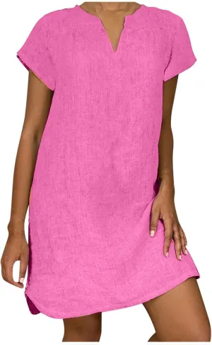 Women's Cotton Linen Dress Summer Midi Dresses Short Sleeve V Neck Loose Casual Shift Dresses Ladies Sundresses