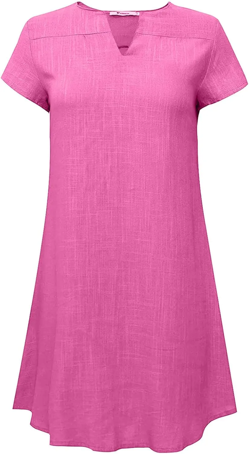 Women's Cotton Linen Dress Summer Midi Dresses Short Sleeve V Neck Loose Casual Shift Dresses Ladies Sundresses