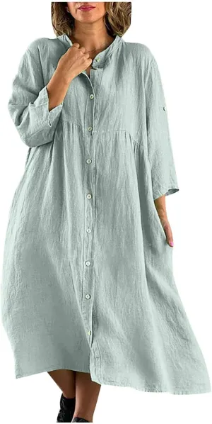 Women's Cotton Linen Long Sleeve Button Down Shirt Dress Summer Casual Plus Size A-Line Swing Midi Dress with Pockets