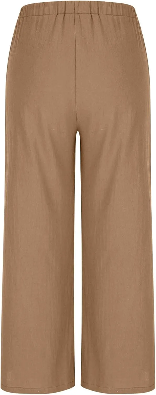 Womens Cotton Linen Palazzo Pants Drawstring Elastic Waist Casual Wide Leg Trousers Pocket Summer Vacation Beach Pant