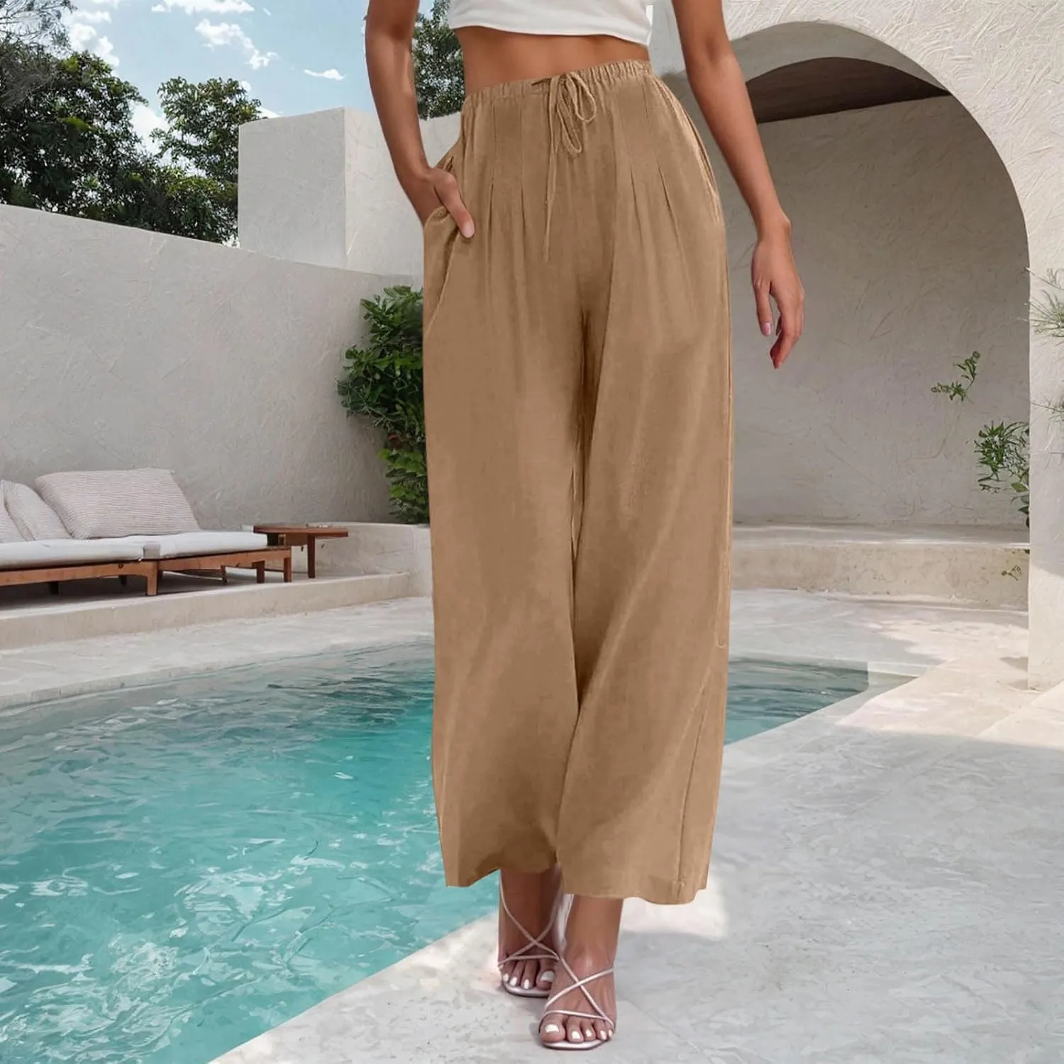 Womens Cotton Linen Palazzo Pants Drawstring Elastic Waist Casual Wide Leg Trousers Pocket Summer Vacation Beach Pant