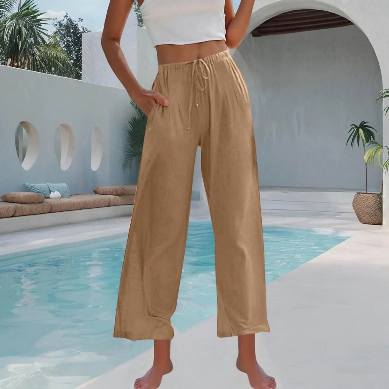 Womens Cotton Linen Palazzo Pants Drawstring Elastic Waist Casual Wide Leg Trousers Pocket Summer Vacation Beach Pant