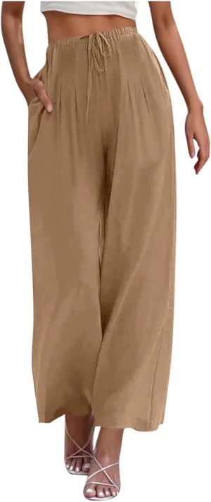 Womens Cotton Linen Palazzo Pants Drawstring Elastic Waist Casual Wide Leg Trousers Pocket Summer Vacation Beach Pant