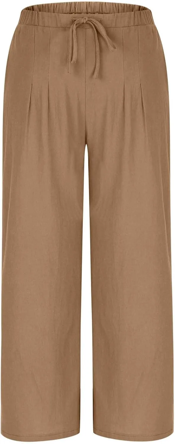 Womens Cotton Linen Palazzo Pants Drawstring Elastic Waist Casual Wide Leg Trousers Pocket Summer Vacation Beach Pant
