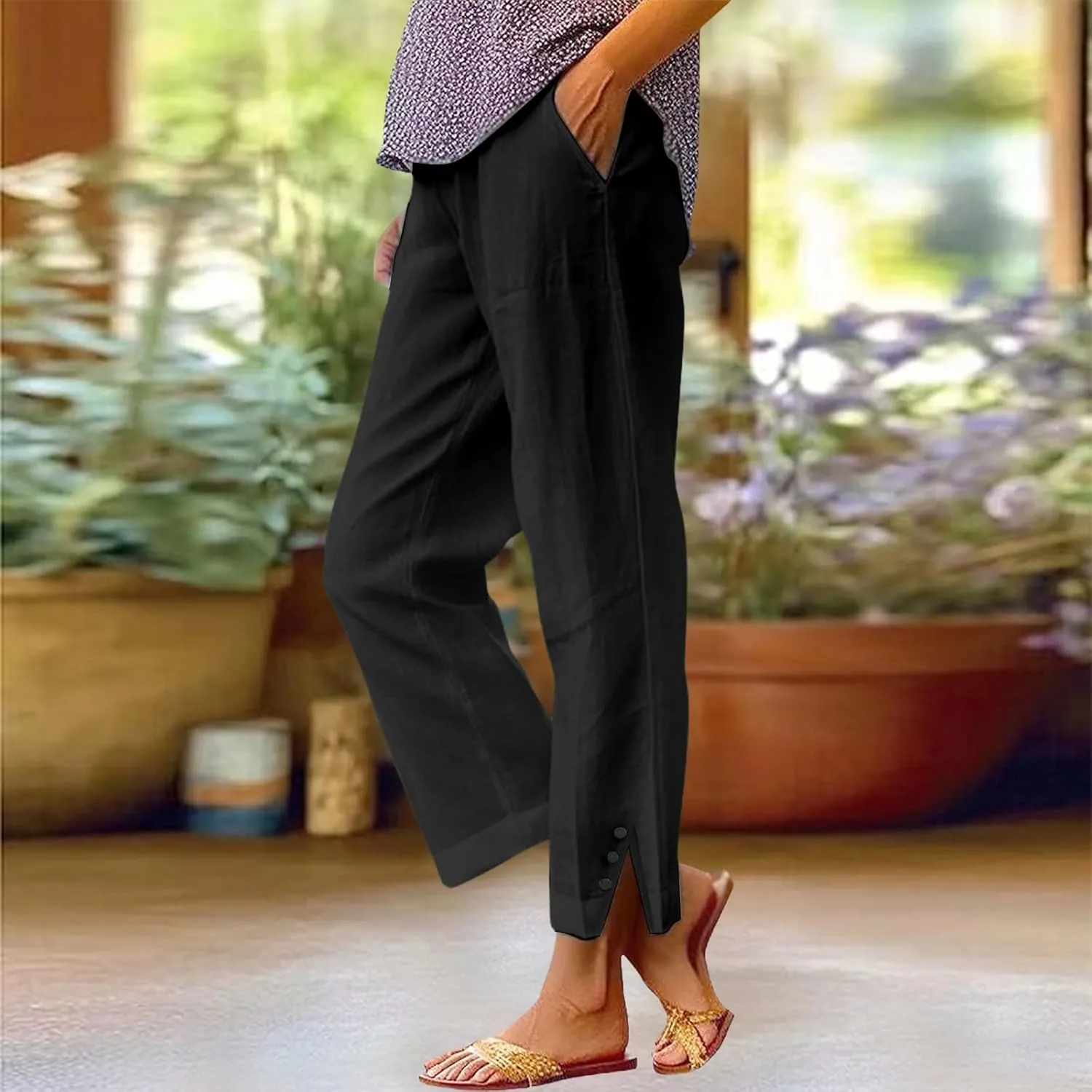 Womens Cotton Linen Pants for Summer Elastic Waisted Pants Casual Loose Trouser with Pockets for Women 2025