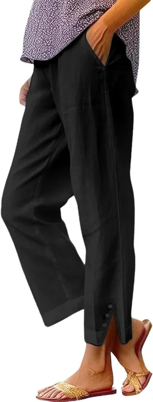 Womens Cotton Linen Pants for Summer Elastic Waisted Pants Casual Loose Trouser with Pockets for Women 2025