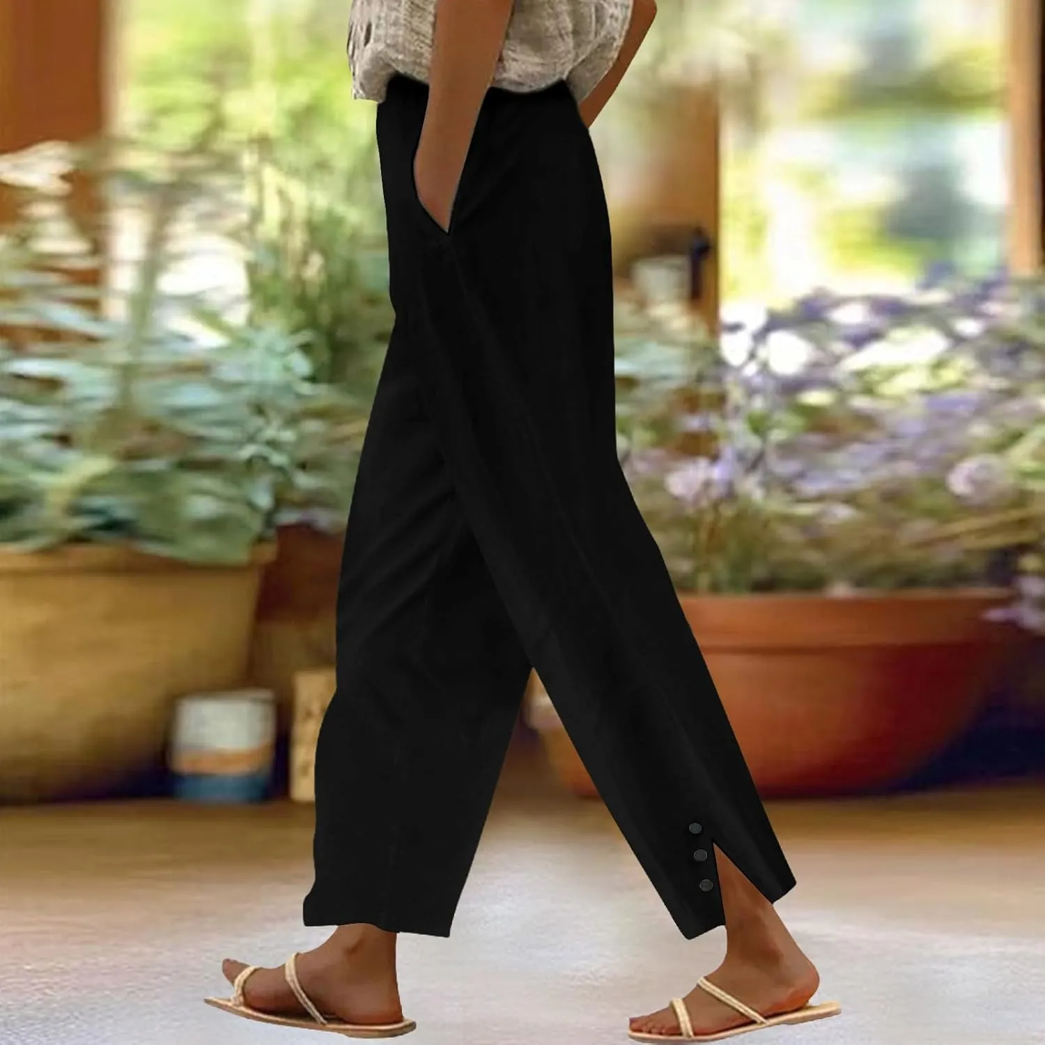 Womens Cotton Linen Pants for Summer Elastic Waisted Pants Casual Loose Trouser with Pockets for Women 2025