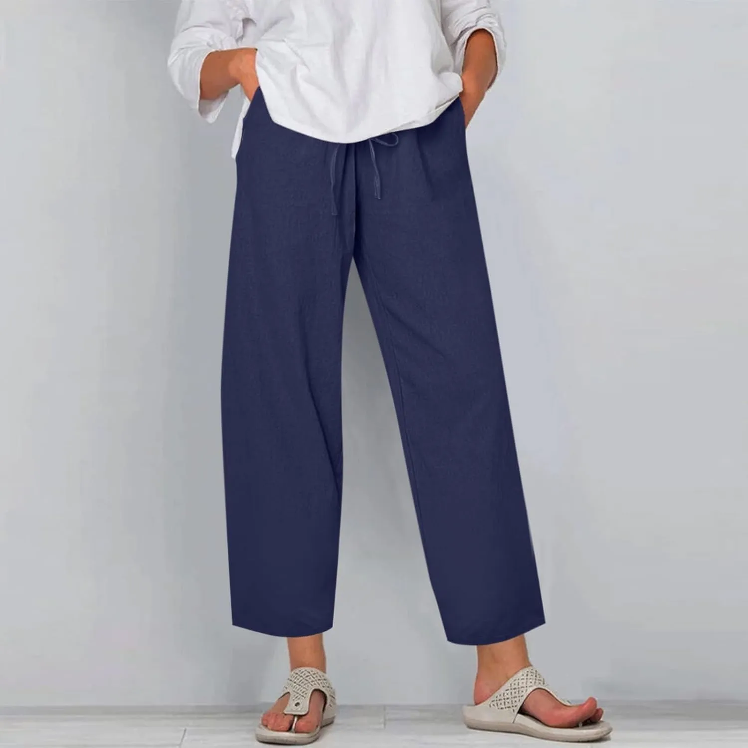 Women's Cotton Linen Pants Summer Wide Leg Casual Loose Drawstring High Waist Palazzo Pants Trousers w Pockets