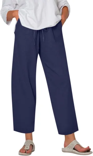 Women's Cotton Linen Pants Summer Wide Leg Casual Loose Drawstring High Waist Palazzo Pants Trousers w Pockets