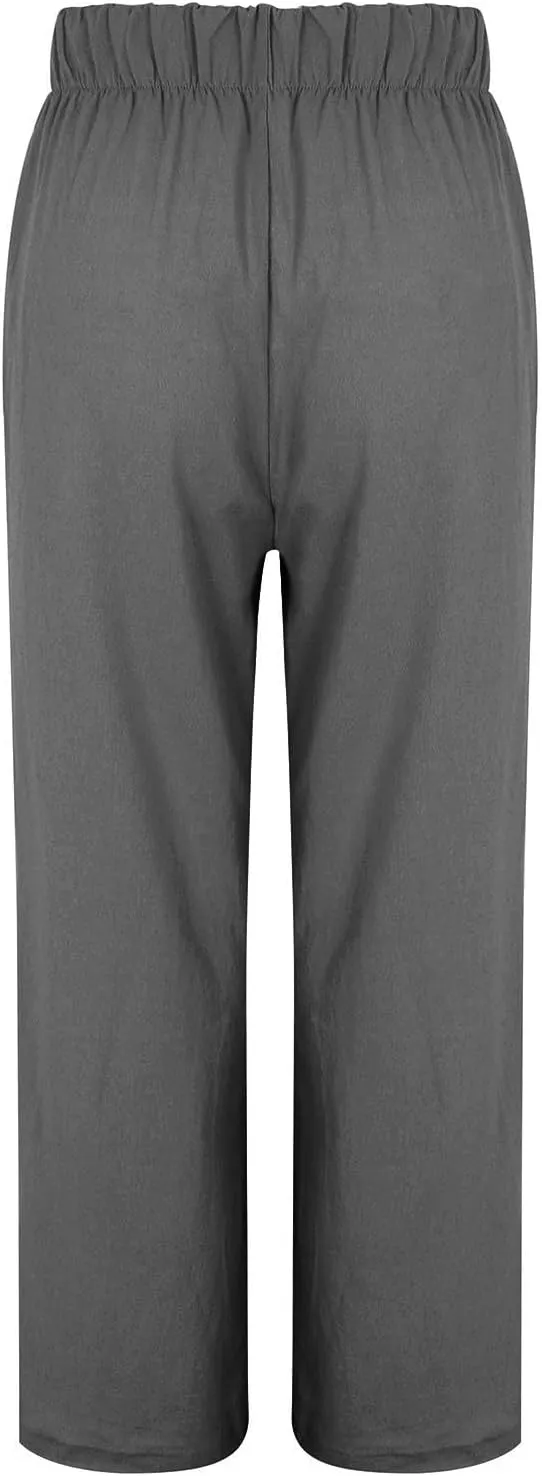 Women's Cotton Linen Pants Summer Wide Leg Elastic High Waist Roll Up Crop Trousers Casual Baggy Hiking Workout Pants