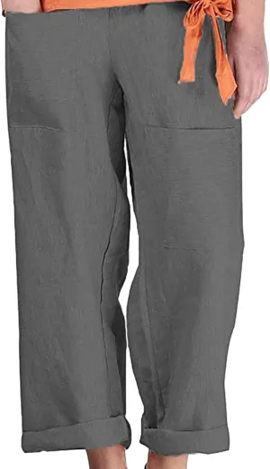Women's Cotton Linen Pants Summer Wide Leg Elastic High Waist Roll Up Crop Trousers Casual Baggy Hiking Workout Pants