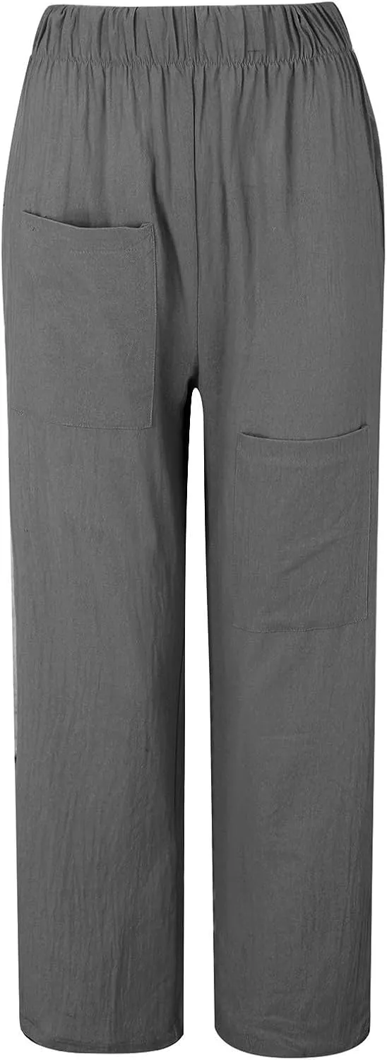 Women's Cotton Linen Pants Summer Wide Leg Elastic High Waist Roll Up Crop Trousers Casual Baggy Hiking Workout Pants