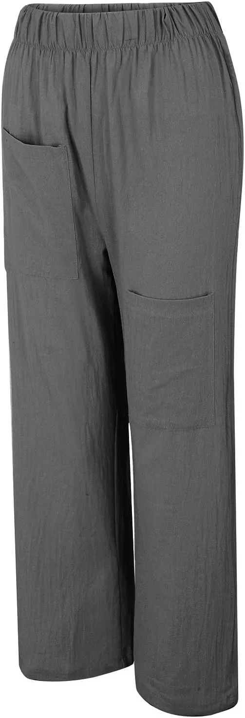 Women's Cotton Linen Pants Summer Wide Leg Elastic High Waist Roll Up Crop Trousers Casual Baggy Hiking Workout Pants