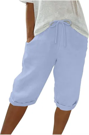 Womens Cotton Linen Shorts with Pockets Knee Length Summer Pants Casual 2025 Summer Straight Leg Pants Loungewear