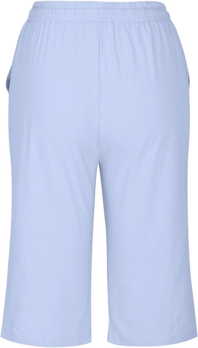 Womens Cotton Linen Shorts with Pockets Knee Length Summer Pants Casual 2025 Summer Straight Leg Pants Loungewear