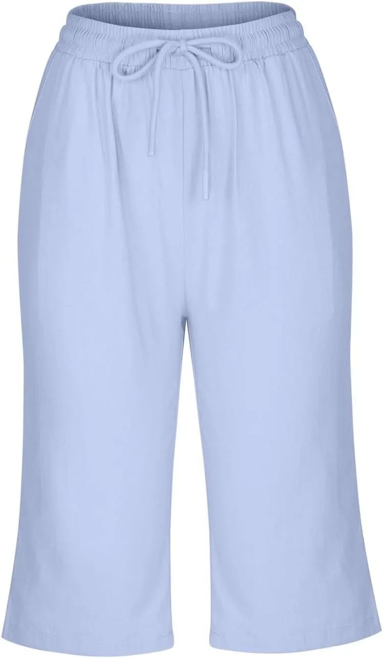 Womens Cotton Linen Shorts with Pockets Knee Length Summer Pants Casual 2025 Summer Straight Leg Pants Loungewear