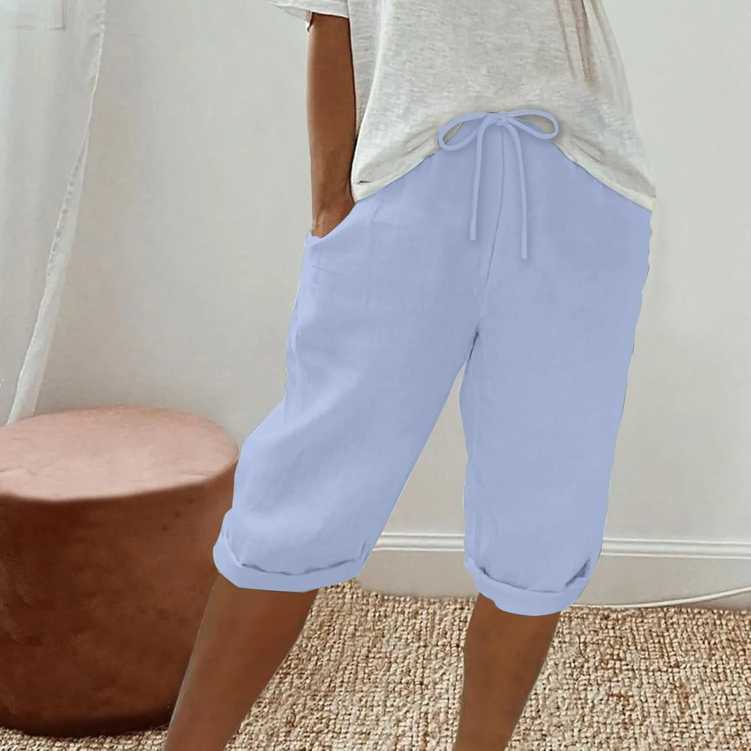 Womens Cotton Linen Shorts with Pockets Knee Length Summer Pants Casual 2025 Summer Straight Leg Pants Loungewear