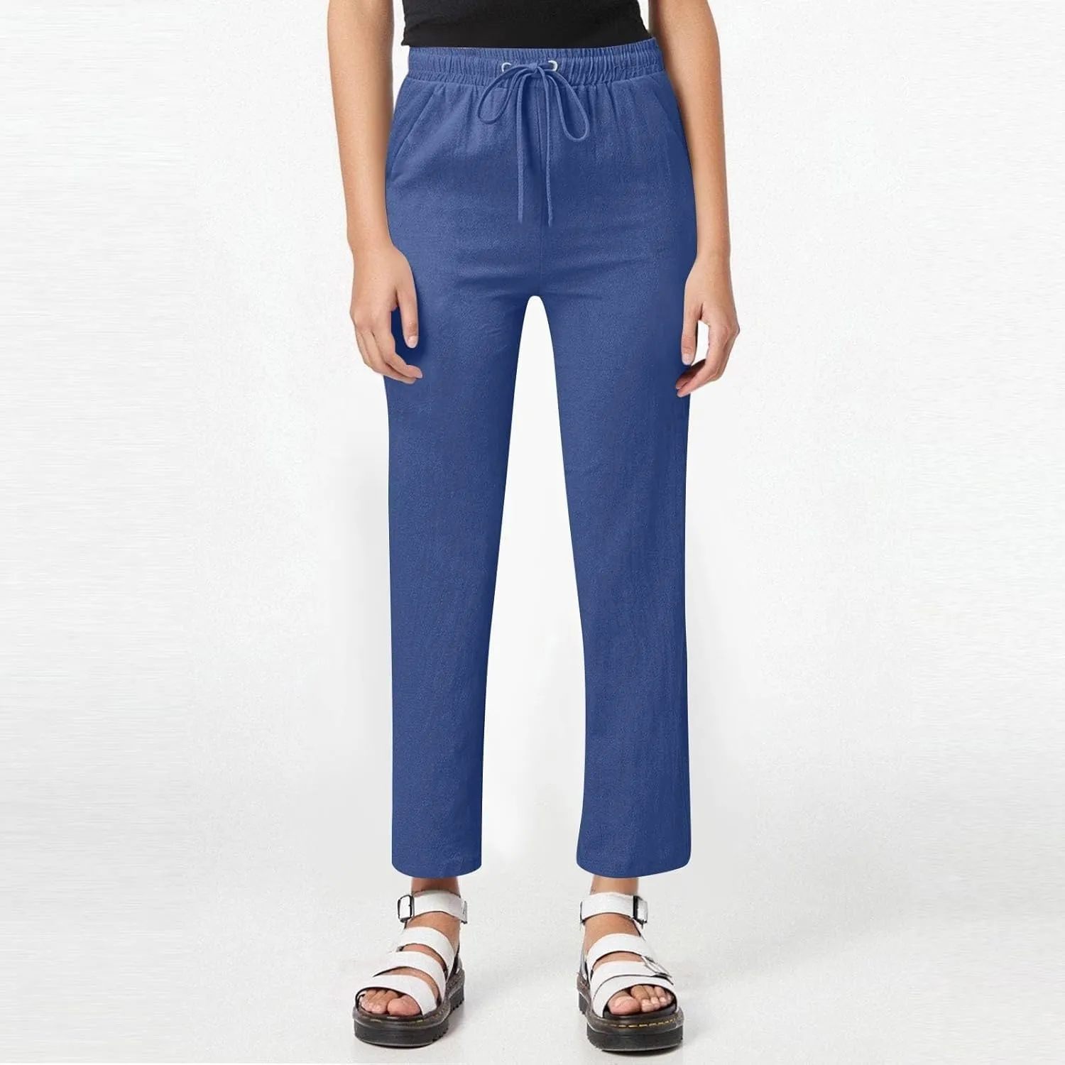 Women's Cotton Linen Straight Leg Pants Elastic Drawstring Summer Trousers with Pockets 2025 Beach Lounge Pants