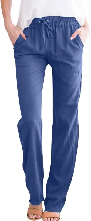Women's Cotton Linen Straight Leg Pants Elastic Drawstring Summer Trousers with Pockets 2025 Beach Lounge Pants