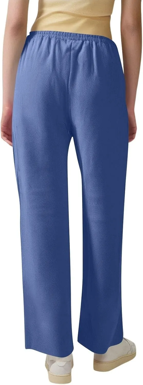 Women's Cotton Linen Straight Leg Pants Elastic Drawstring Summer Trousers with Pockets 2025 Beach Lounge Pants