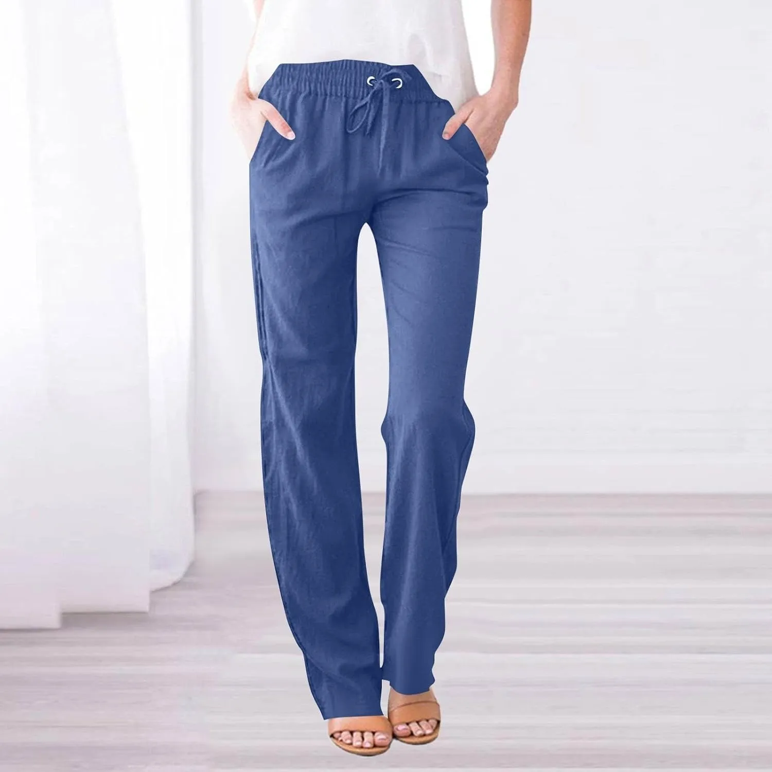 Women's Cotton Linen Straight Leg Pants Elastic Drawstring Summer Trousers with Pockets 2025 Beach Lounge Pants