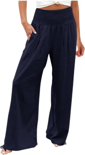 Women's Cotton Linen Summer Palazzo Pants Flowy Wide Leg Beach Trousers Smocked High Waisted Slacks with Pockets