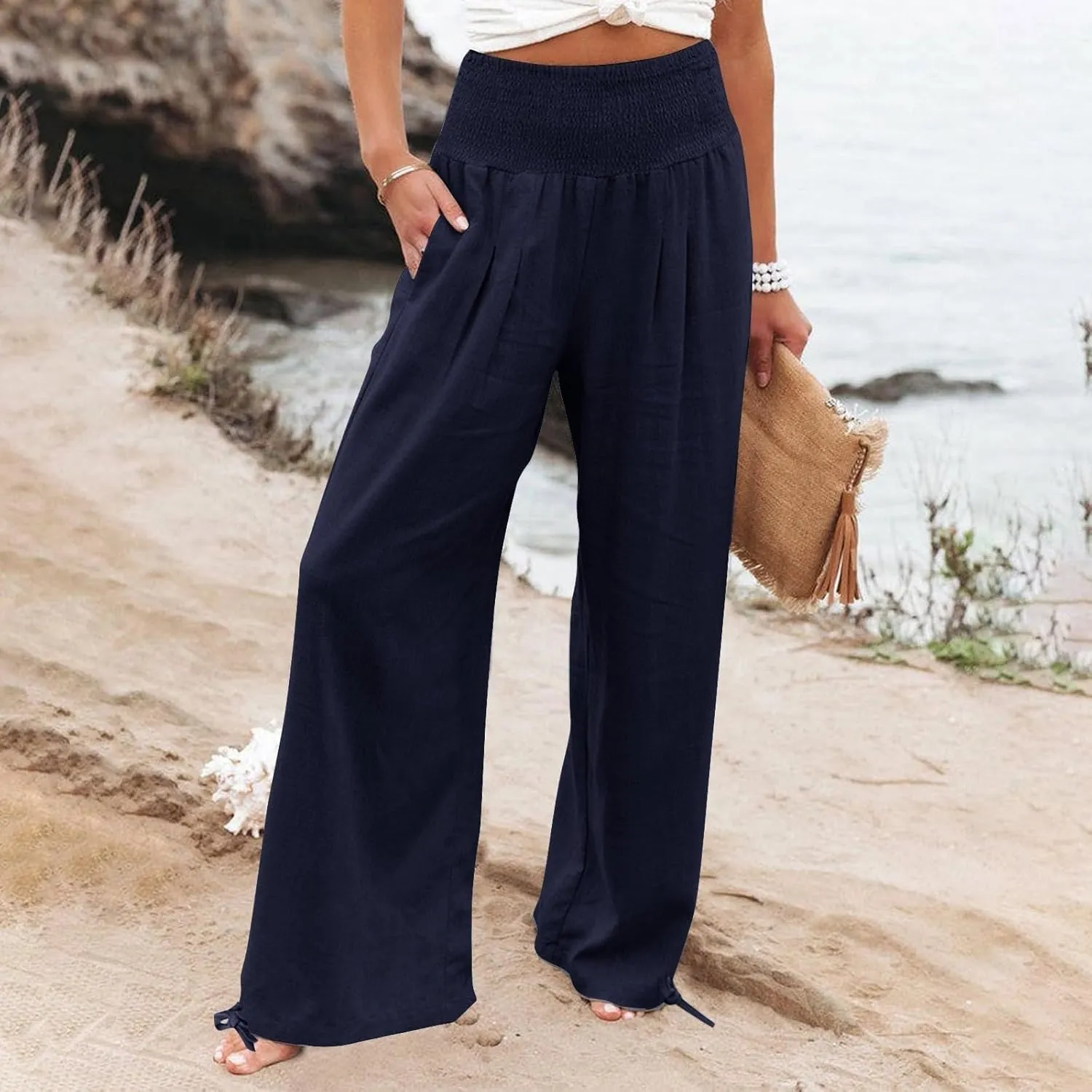 Women's Cotton Linen Summer Palazzo Pants Flowy Wide Leg Beach Trousers Smocked High Waisted Slacks with Pockets