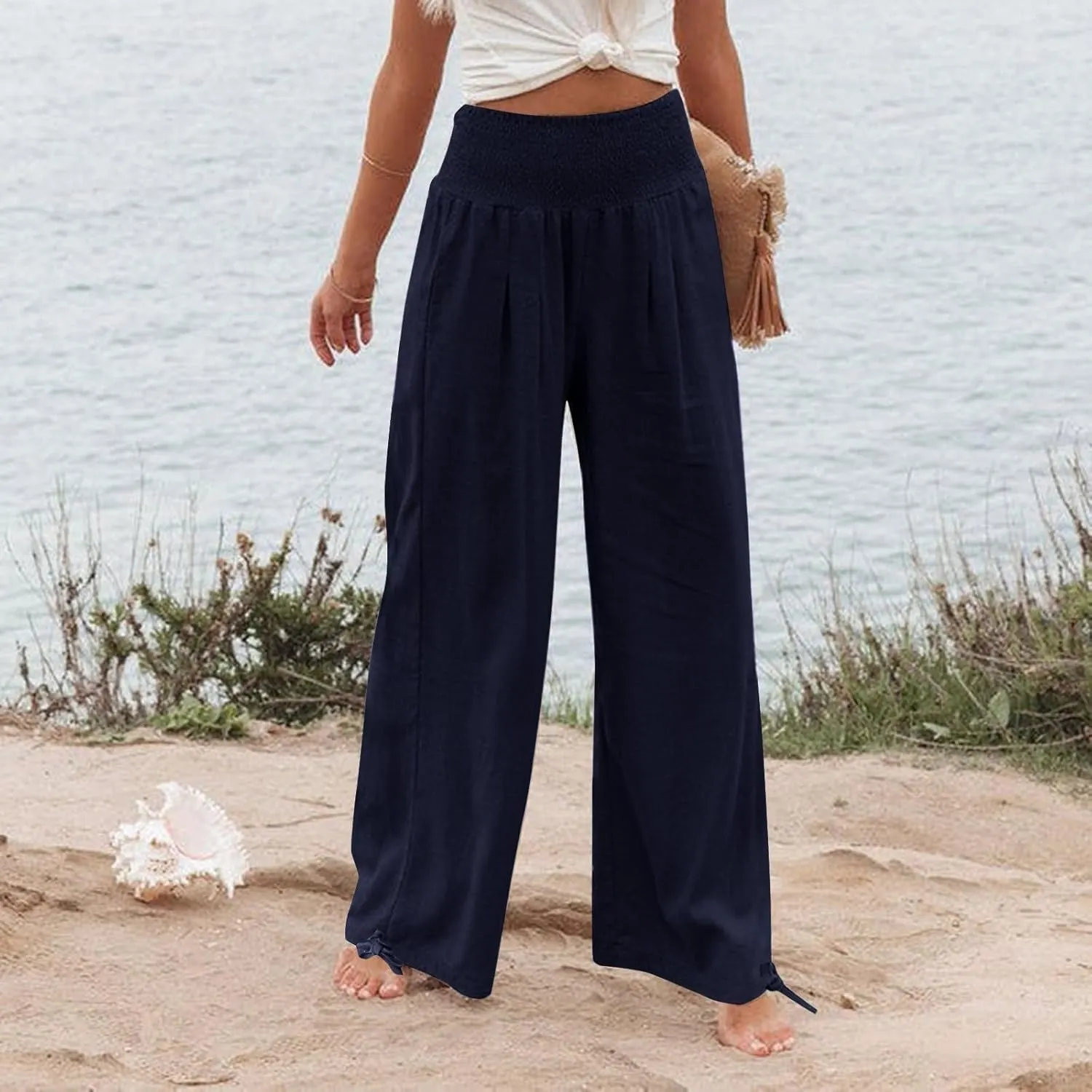 Women's Cotton Linen Summer Palazzo Pants Flowy Wide Leg Beach Trousers Smocked High Waisted Slacks with Pockets