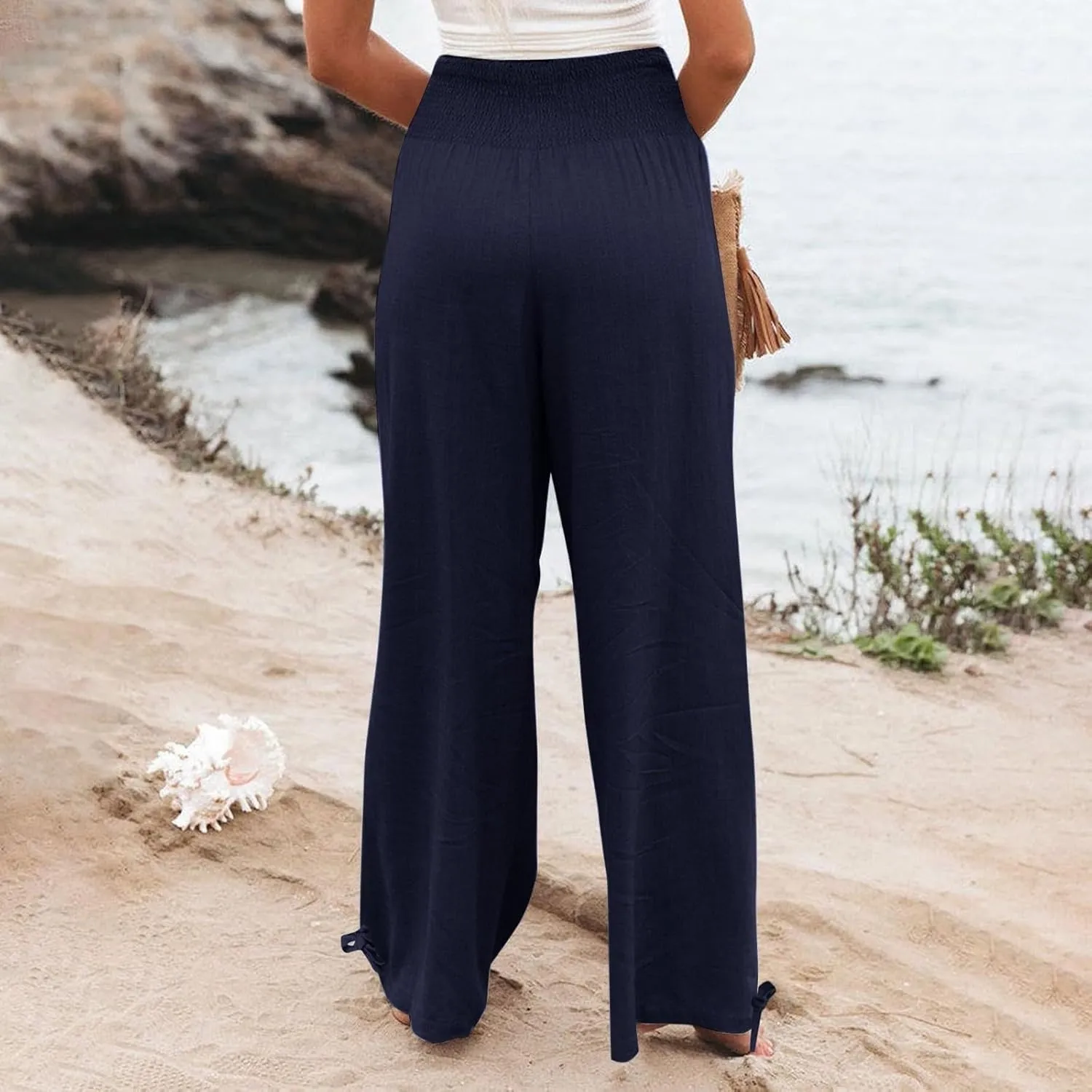 Women's Cotton Linen Summer Palazzo Pants Flowy Wide Leg Beach Trousers Smocked High Waisted Slacks with Pockets
