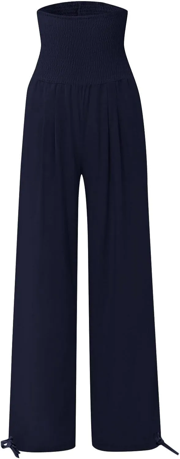 Women's Cotton Linen Summer Palazzo Pants Flowy Wide Leg Beach Trousers Smocked High Waisted Slacks with Pockets
