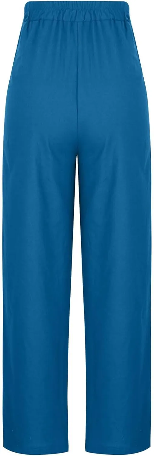 Womens Cotton Linen Wide Leg Pants Elastic High Waist Tie Knot Beach Casual Trousers Lightweight Straight Leg Pant