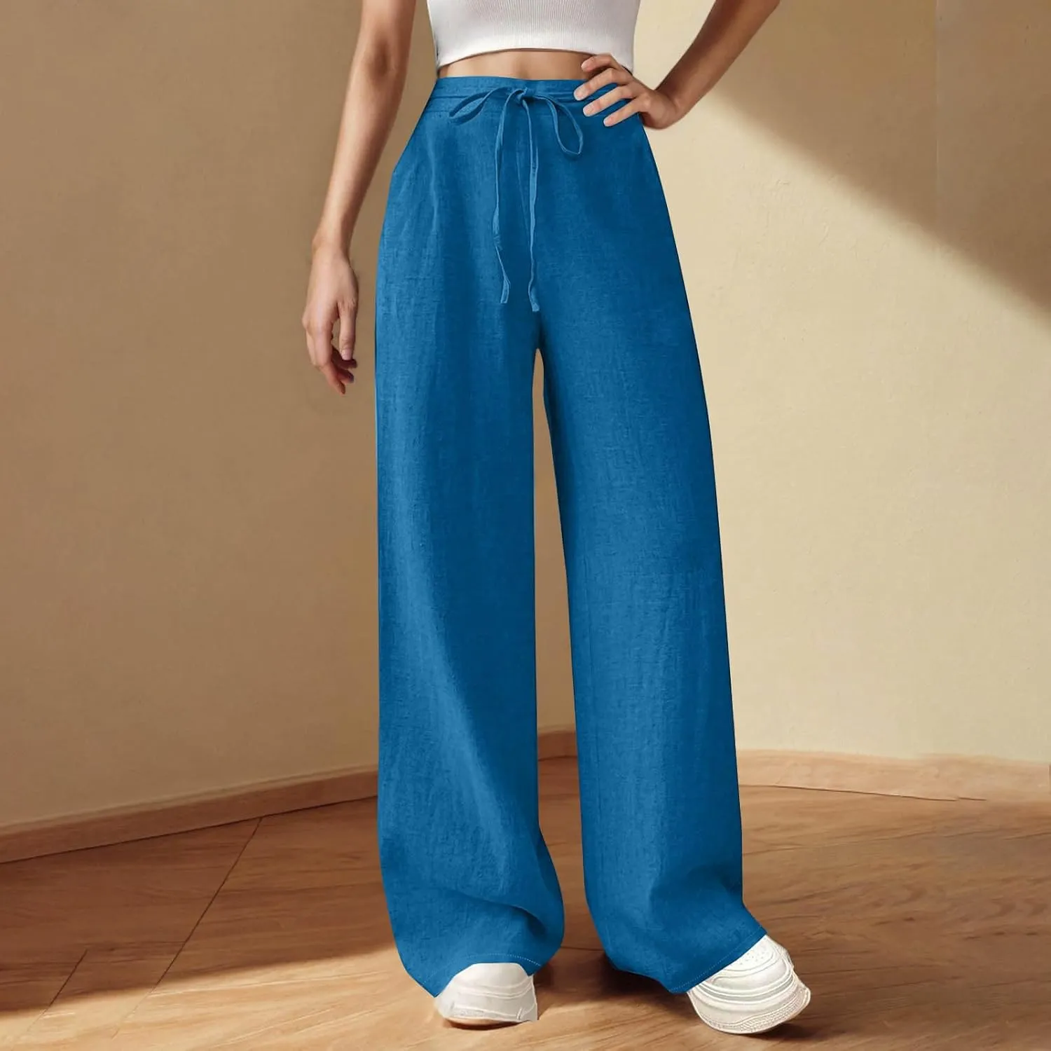Womens Cotton Linen Wide Leg Pants Elastic High Waist Tie Knot Beach Casual Trousers Lightweight Straight Leg Pant